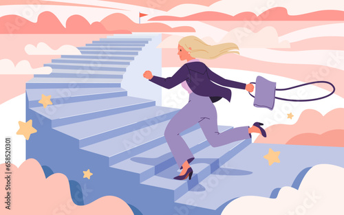 Problem of career development as businesswoman vector illustration. Cartoon woman running to climb up stairs to finish red flag, achievement and business goals progress in competition of employees