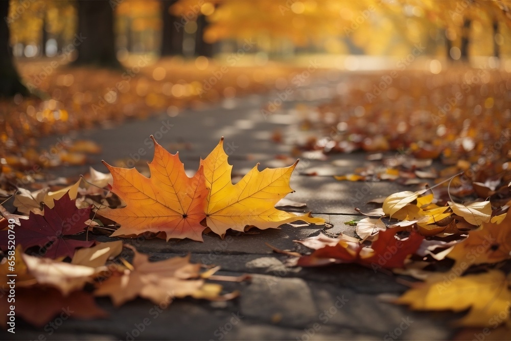 Autumn leaves in the park, Falling autumn leaves on the road with vibrant backlight from the setting sun | AI-GENERATED 
