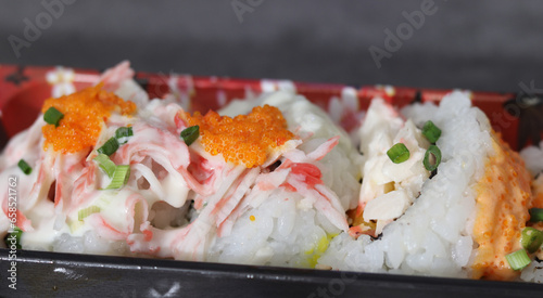 Close-up images of healthy and fresh sushi. Close-up image of fresh roll. 