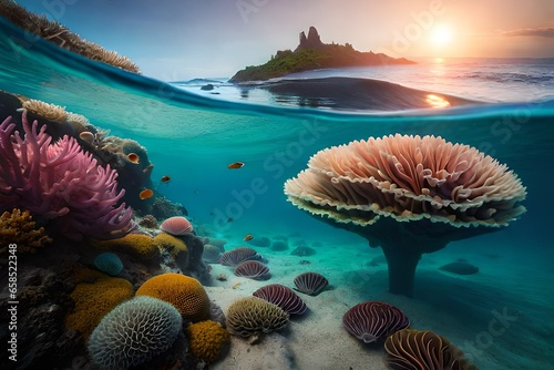 coral reef and sea, Coral Cosmos, colorful coral reef filled with a diverse array of marine life, from clownfish to sea turtles, 