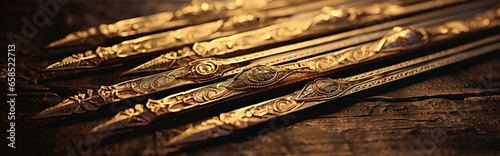 Collection of Shiny Ancient Golden Arrows with Intricate Carvings and Unique Designs, Elegantly Resting on a Dark Wooden Surface