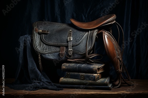 Dark background with equestrian gear: saddle, stirrups, leather, pad. Generative AI
