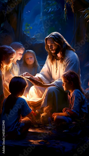 Jesus telling stories to the kids