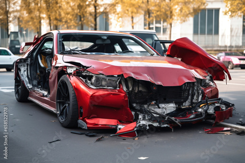 Car destroyed after an accident. Car accident on the street, damaged car after collision. Violation of traffic rules. Serious car accident. Road traffic accident. © Anoo
