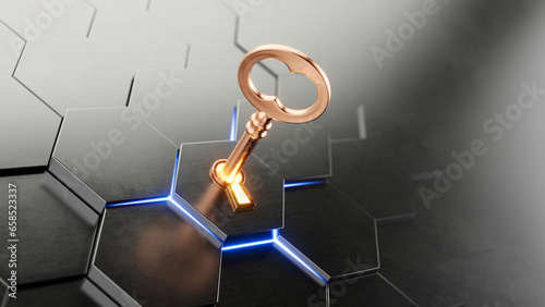 Golden key and hexes puzzle - 3d rendering photo