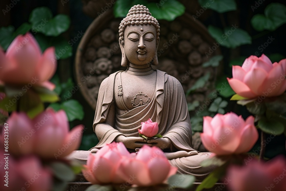 Statue of Buddha with a blooming lotus. Generative AI