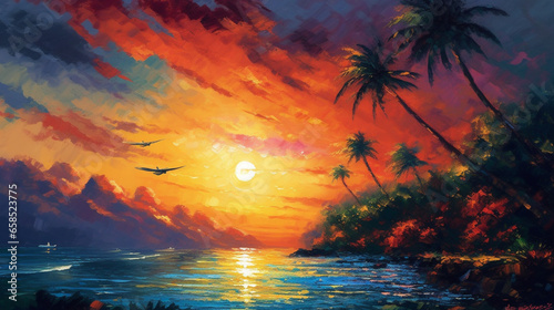 Impressionist painting insane sunset plane we see, generative ai