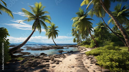 Beautiful tropical beach with coconut palm trees, generative ai