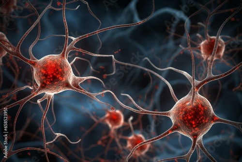 Illustration of Parkinson's disease: neurons with small red spheres (Lewy bodies), protein deposits in brain cells. Generative AI