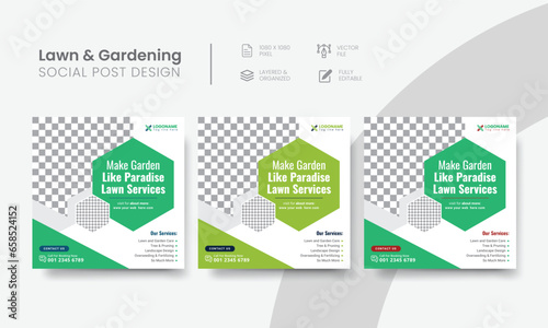 Lawn gardening social media post for agriculture services. Agro gardening service social media post layout design for lawn mowing & care marketing banner. Vol - 2