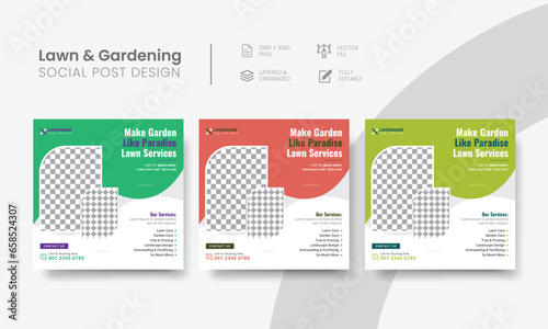 Lawn gardening social media post for agriculture services. Agro gardening service social media post layout design for lawn mowing & care marketing banner. Vol - 3