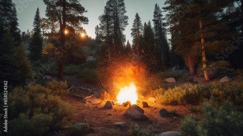 exploding campfire with fire ball in a juniper forest, generative ai