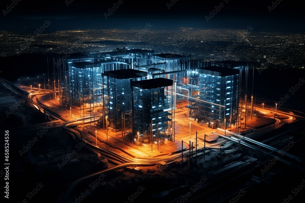 A breathtaking night view of an illuminated data center from above. Generative AI
