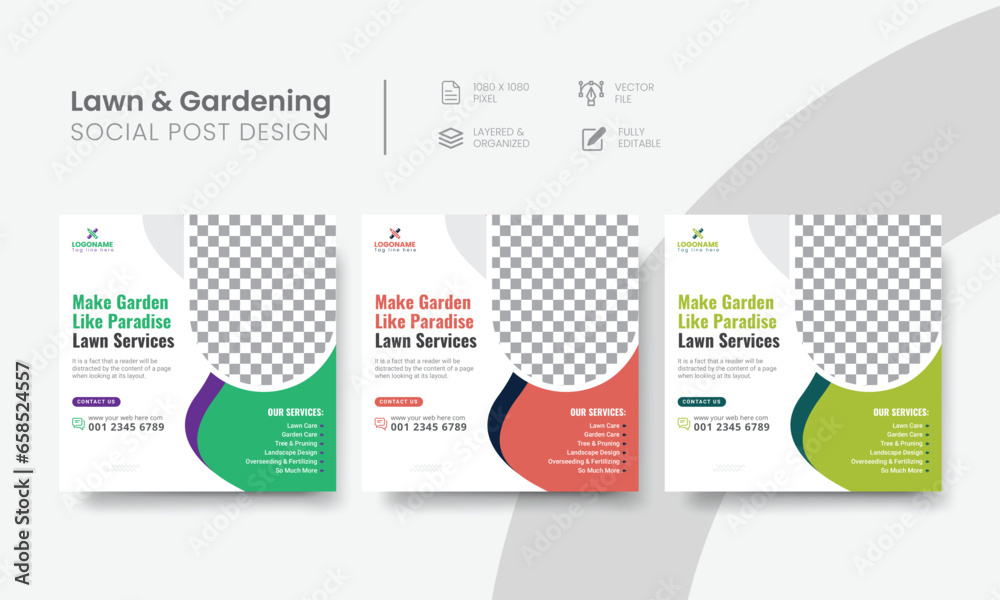 Lawn gardening social media post for agriculture services. Agro gardening service social media post layout design for lawn mowing & care marketing banner. Vol - 4