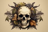 Floral skull with leaves on grunge background. Generative AI