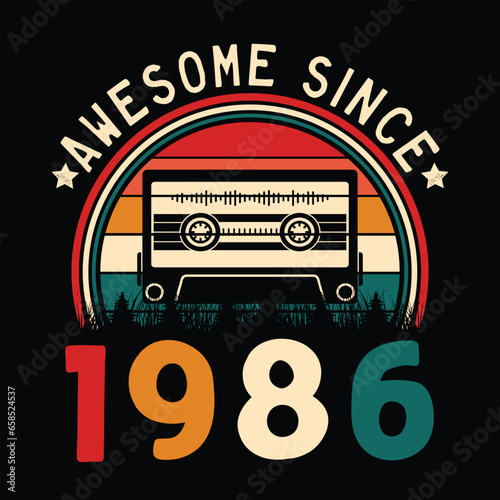 Awesome Since 1986 Retro Sunset Cassette Tape T-Shirt Mug Sticker Vector
