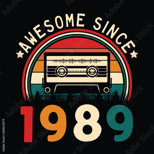 Awesome Since 1989 Retro Sunset Cassette Tape T-Shirt Mug Sticker Vector