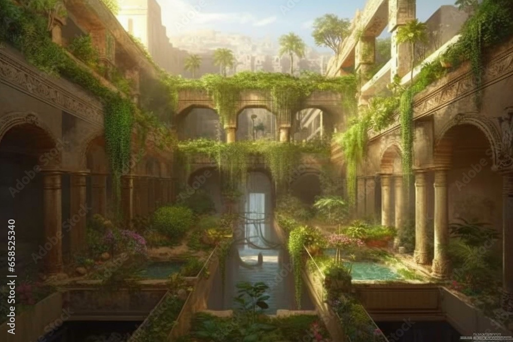 Digital artwork depicting an imaginary hanging garden in Babylon. Generative AI
