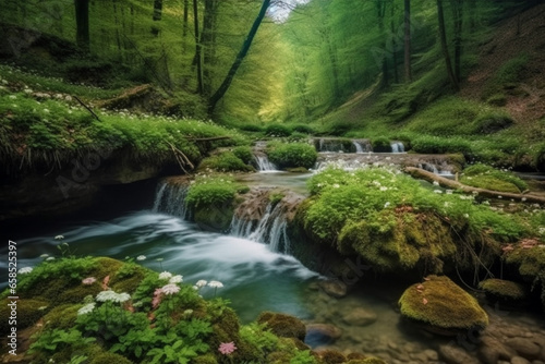 beautiful nature travel lovely place waterfall frorest, generative ai photo