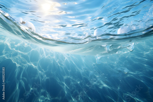 under water split shot. sunlight shines trough clear light blue, turquoise water texture background design - generative ai