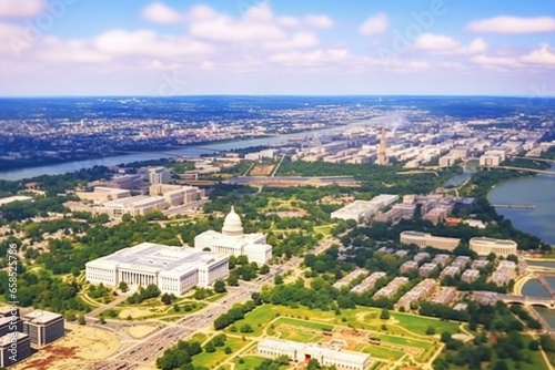 Panoramic aerial view of Washington DC showcasing United States Capitol, Washington Monument, Lincoln Memorial, and Thomas Jefferson Memorial. Illustrating the rich history and culture. Generative AI