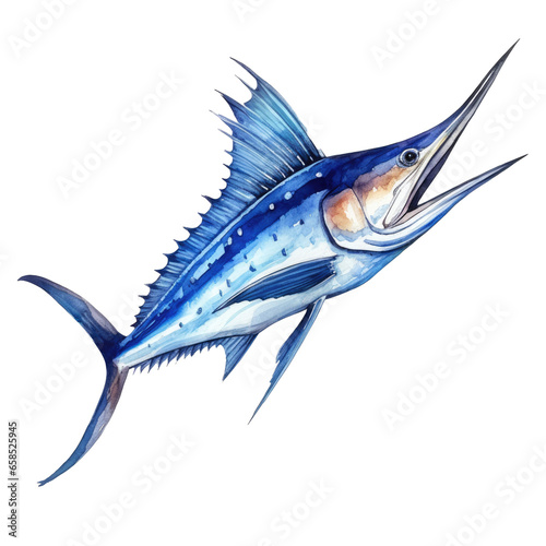 A blue marlin fish, sword fish jumping up, watercolor art