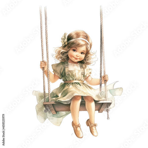 A Girl Swing Isolated on White Background. Little princes Characters Sitting on a sweet swing in watercolor, Kid swing png photo