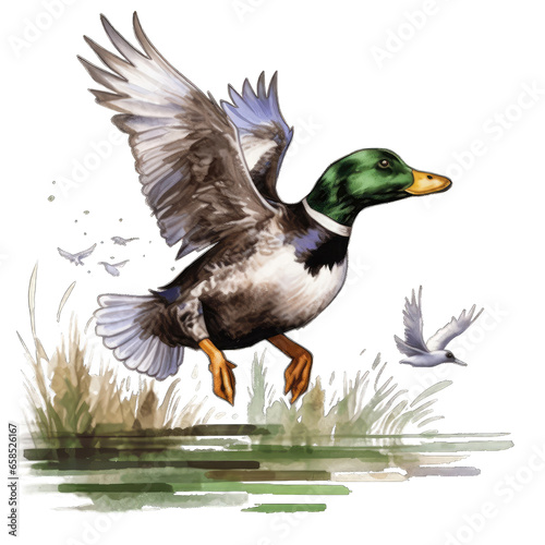 A watercolor painting duck flying over lake