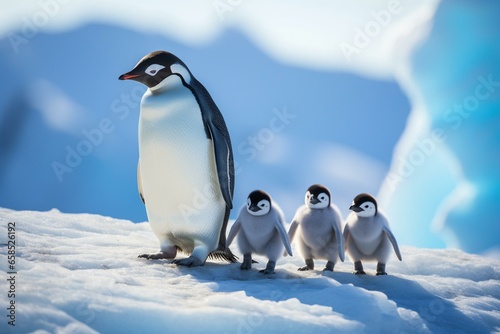 A group of penguins with their chicks walking on glaciers. Generative AI