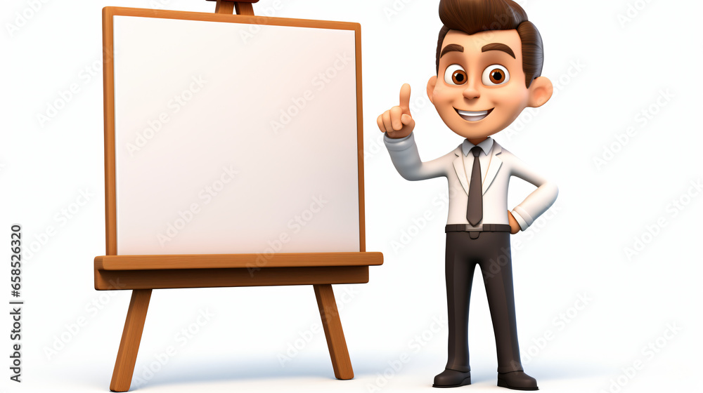 3d cartoon businessman pointing to wooden easel isolated on white background
