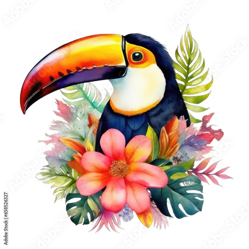 A toucan with flowers and leaves watercolor art Illustration