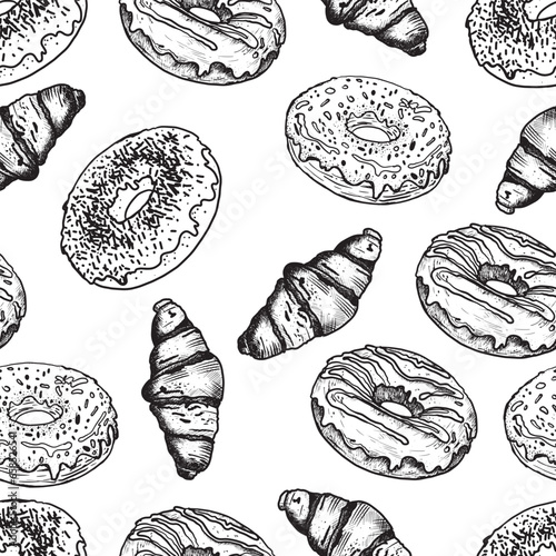 Pattern with buns, bread, hand-drawn. Vintage pastries, desserts made of wheat, coarse flour for a bakery or cafeteria. Background for cafe menu, for textiles.