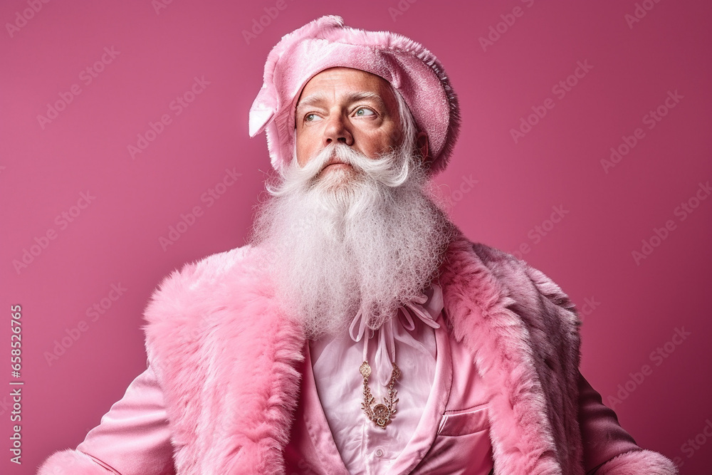 Man in modern pink Santa Claus costume Man in modern pink Santa Claus costume