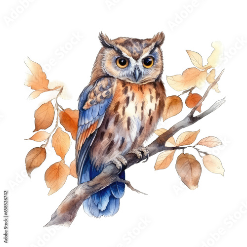 A watercolor painting of an owl sitting on a branch