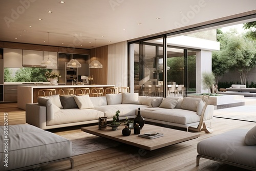 A contemporary home with simple lines, stylish furniture, and a neutral color scheme, highlighting an open-plan living area connected to a large kitchen, filled with natural light. Generative AI © Akio