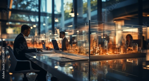 Blurred image with employees in a technology office