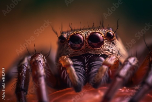A closeup image of a spider's detailed eyes and fine silk thread. Generative AI