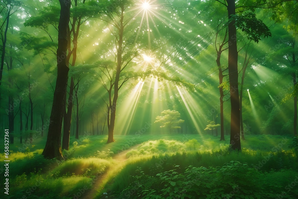 Beautiful rays of sunlight in a green forest. landscape Beautiful rays of sunlight in a green forest. landscape