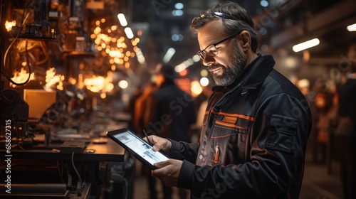 Young Technician Analyzing Data on Tablet amidst Industrial Machinery