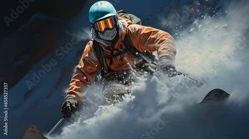 A skier on a steep descent, with snow flying all around him