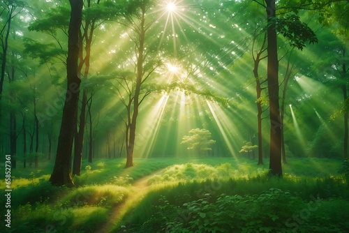 Beautiful rays of sunlight in a green forest. landscape