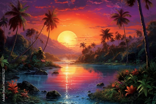 Vibrant sunset illuminates lush paradise. Generative AI