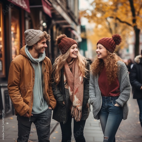 Group of friends waking, laughing and taking in beautiful autumn nature. Relaxed fall fashion for youth concept. Generative AI