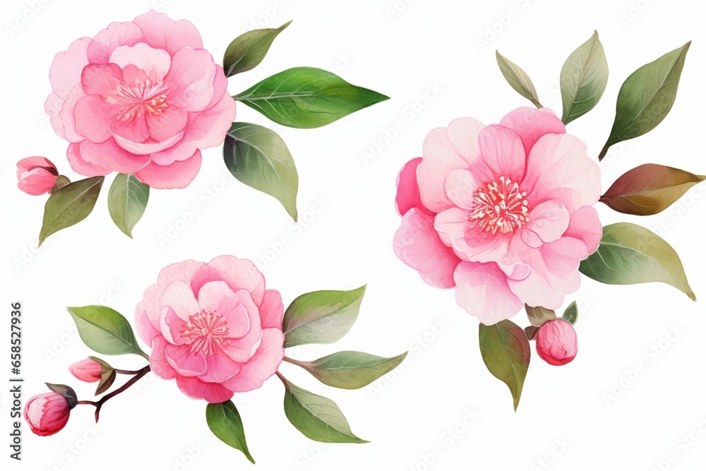 Watercolor-style camellia flower compositions on a transparent background. Hand-drawn floral illustration for your design. Generative AI