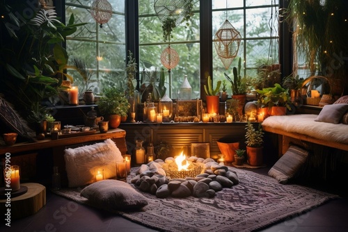 Cozy space with candles, crystals, herbs, plants, incense, and aromatherapy for alternative medicine and esoteric practices. Generative AI photo