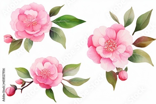 Watercolor-style camellia flower compositions on a transparent background. Hand-drawn floral illustration for your design. Generative AI © Uriah