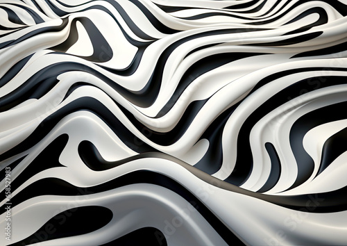 Abstract 3D background with texture of waves and black and white zebra stripes