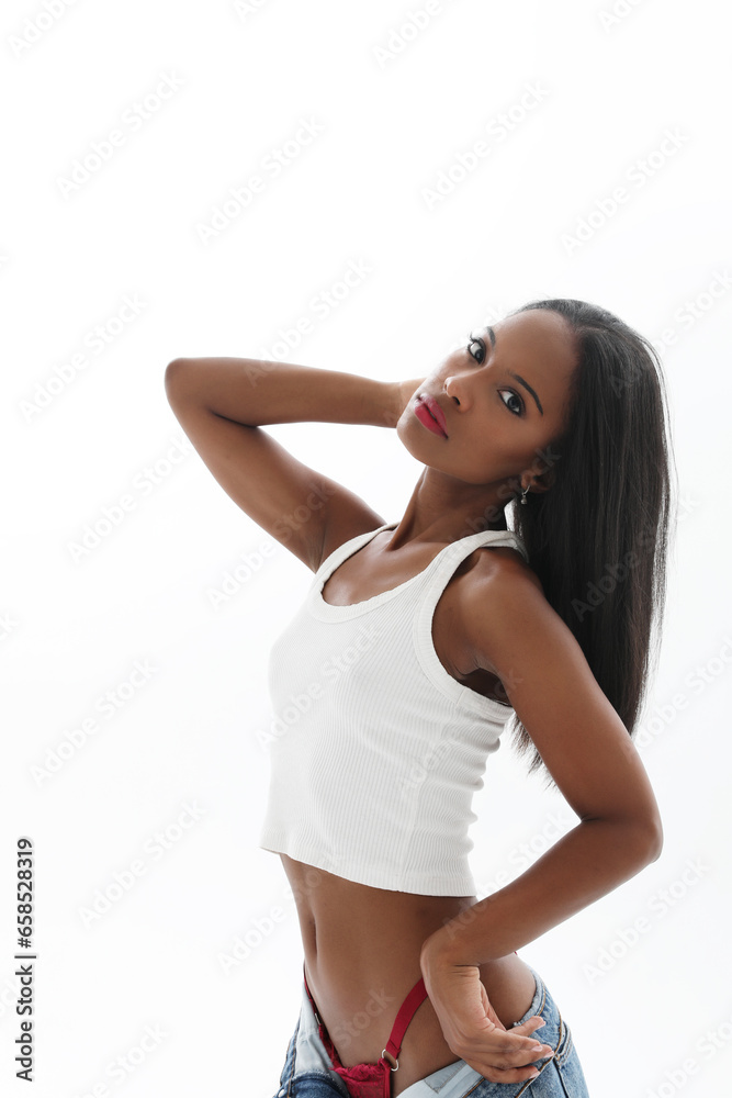 Gorgeous young lovely woman with dark skin isolated over white background. Gorgeous young lovely woman with dark skin isolated over white background.