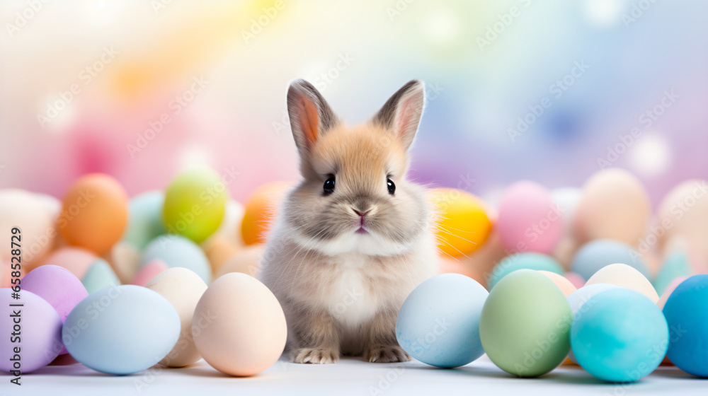 Cute bunny next to easter colorful eggs over pastel background