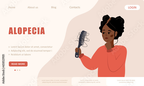Alopecia concept. Landing page template. Sad african woman loses hair. Baldness disease and problems of the scalp. Unhappy female character with hair brush. Vector illustration in flat cartoon style.